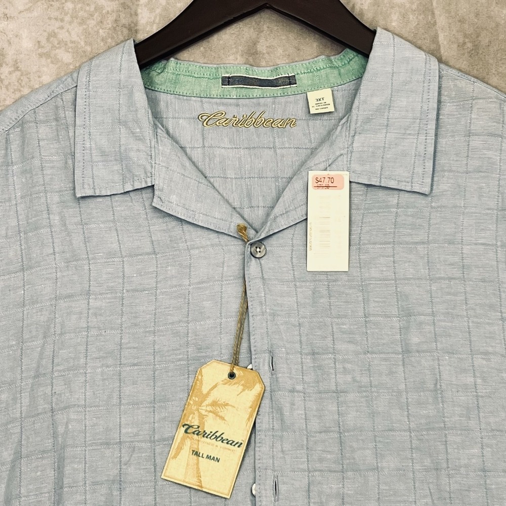 Caribbean Men's 3XT Tall Linen Cotton Blend Blue Check‎ Shirt